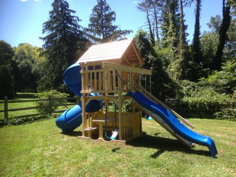 Kids Gym Shown with Plastic Tire Swing! Plastic Glider, Wave Slide, Overhead Climber, Rustic Red Stain